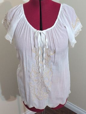 Sisters| Women’s White Embroidered Peasant Blouse - Boho Tie-Neck Top